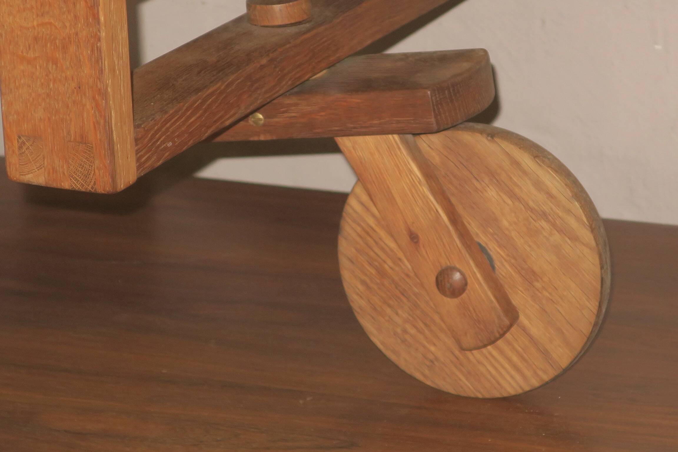 Brutalist Scandinavian bar cart / serving trolley in solid oak, 1950s