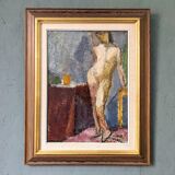 1945 Mid-Century Modern "Leaning Model" Swedish Vintage Figurative Portrait Oil Painting, Framed