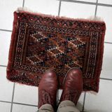 Handmade antique Turkmen Yomud collectible mat rug 40cm x 51cm, 1900s