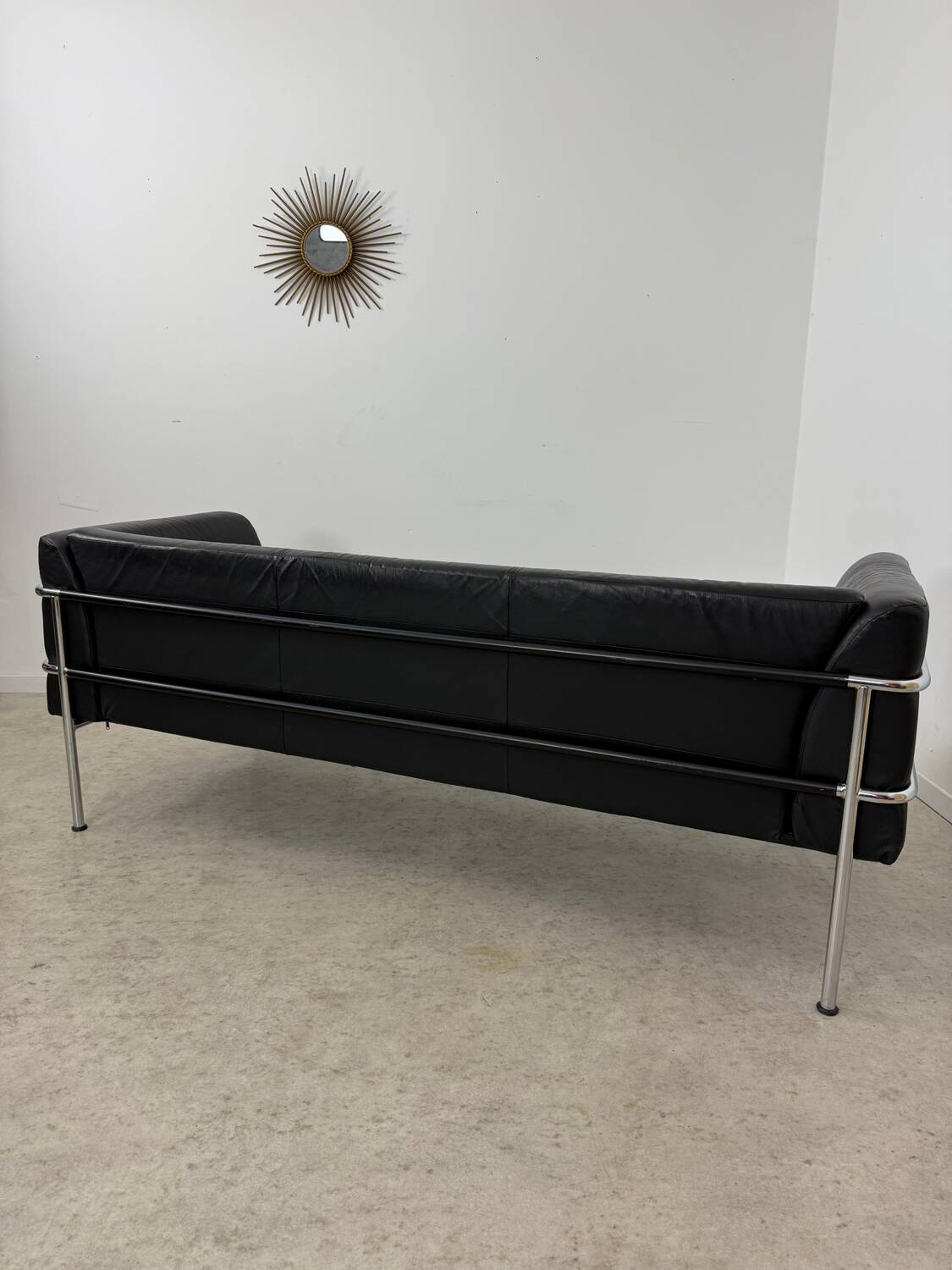 Old 3-seater sofa in tubular and black leather by Kébé, Denmark 1970s
