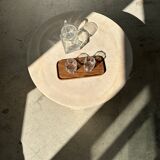 Trio of rounded rectangular trays or cups in monoxyl teak L:35