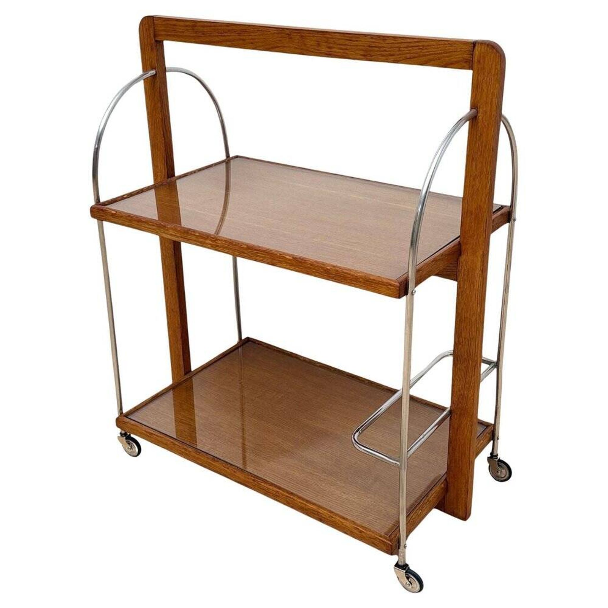 Art Deco serving trolley in oak, chrome & glass, France, 1930