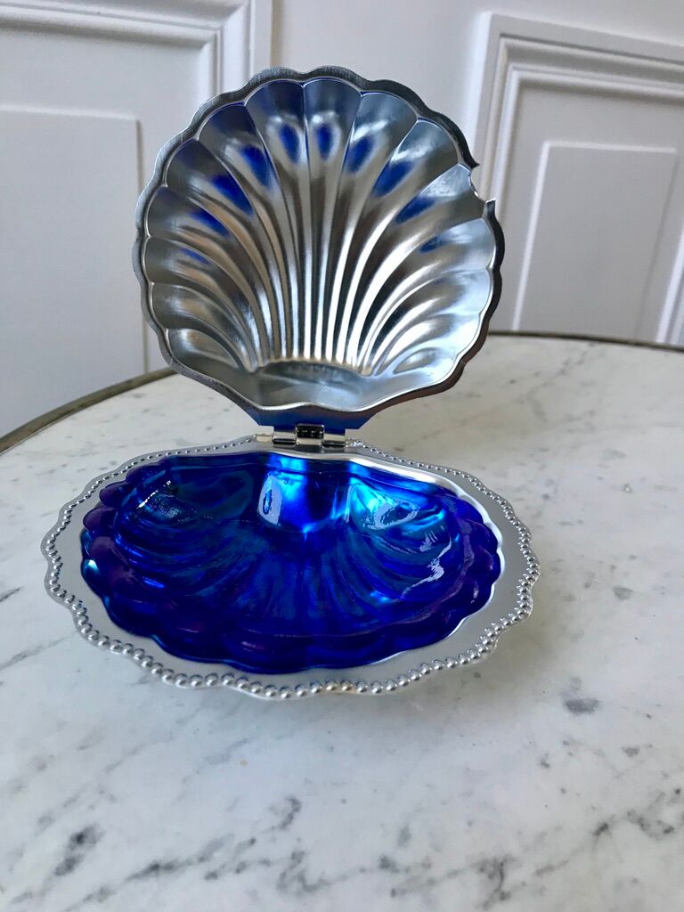 Empty butter tray pocket shell metal and blue glass 60s-70s