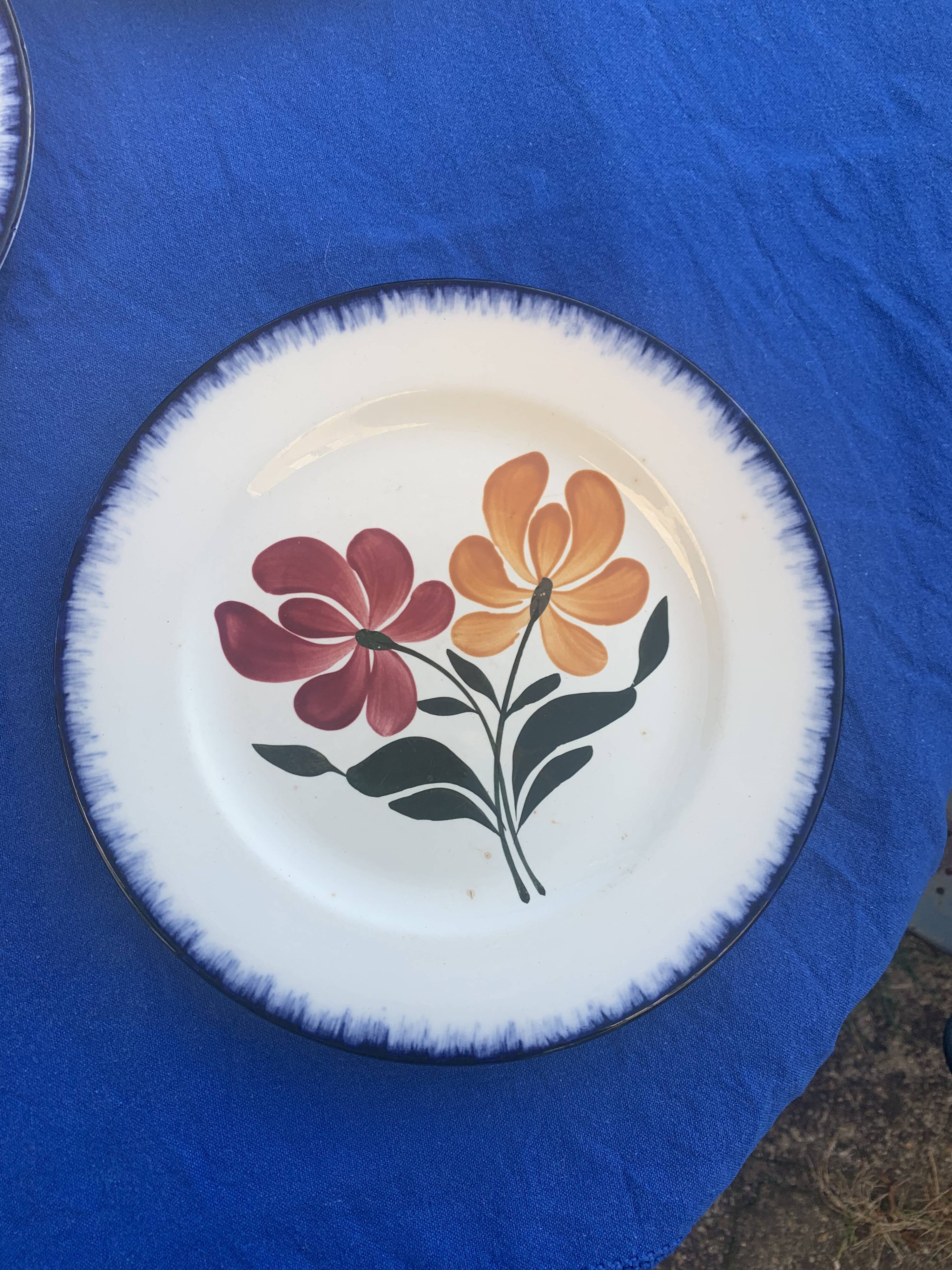 6 flat plates E. Charbonnier, Salins, Terre de Fer, countryside model, made in France, vintage