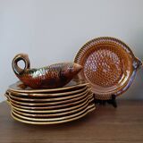 Fish-shaped plates and zoomorphic gravy boat, Sarreguemines earthenware