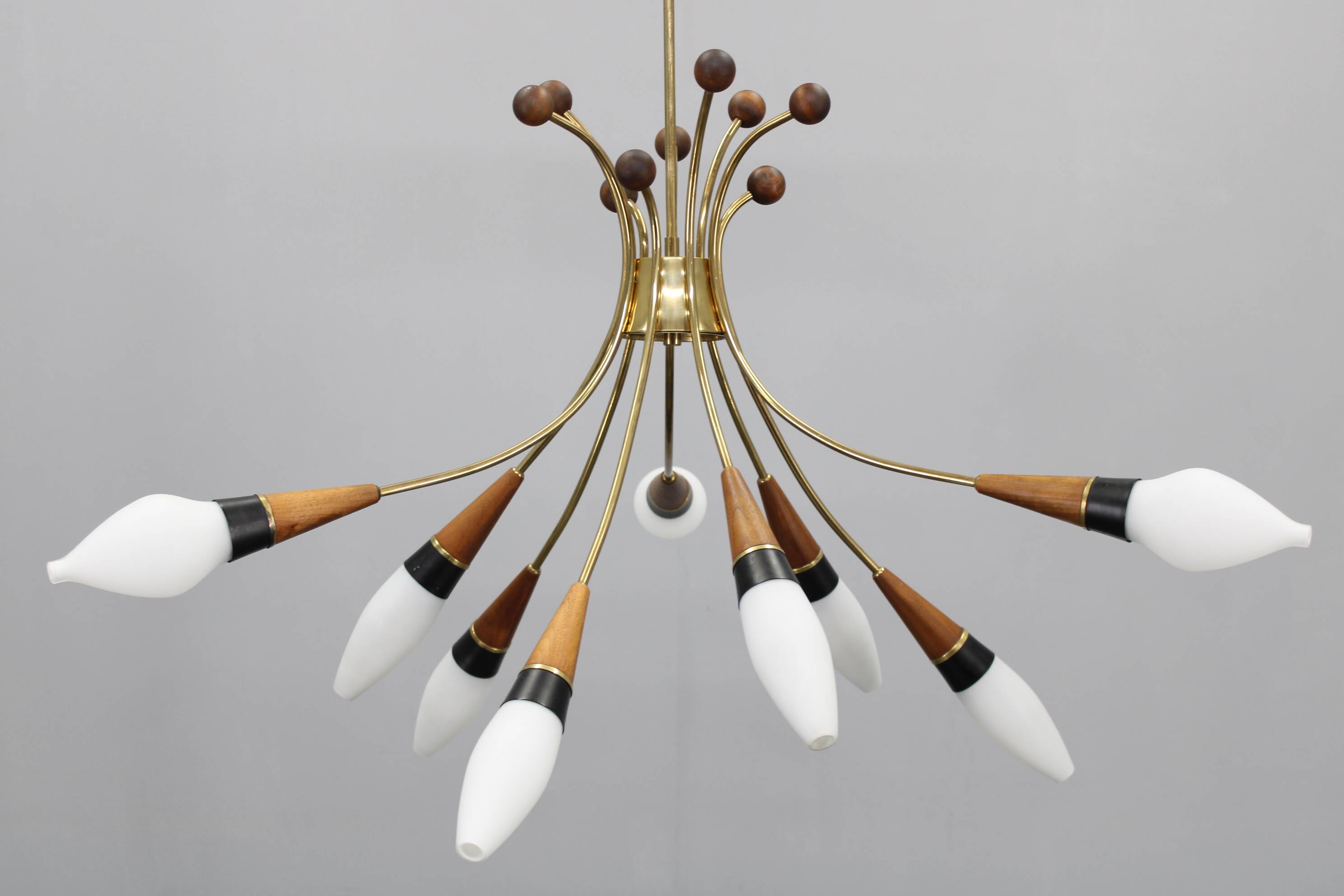 1960s Rupert Nikoll Brass and Teak Opaline Glass Chandelier, Austria
