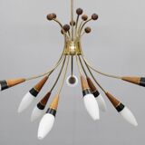 1960s Rupert Nikoll Brass and Teak Opaline Glass Chandelier, Austria