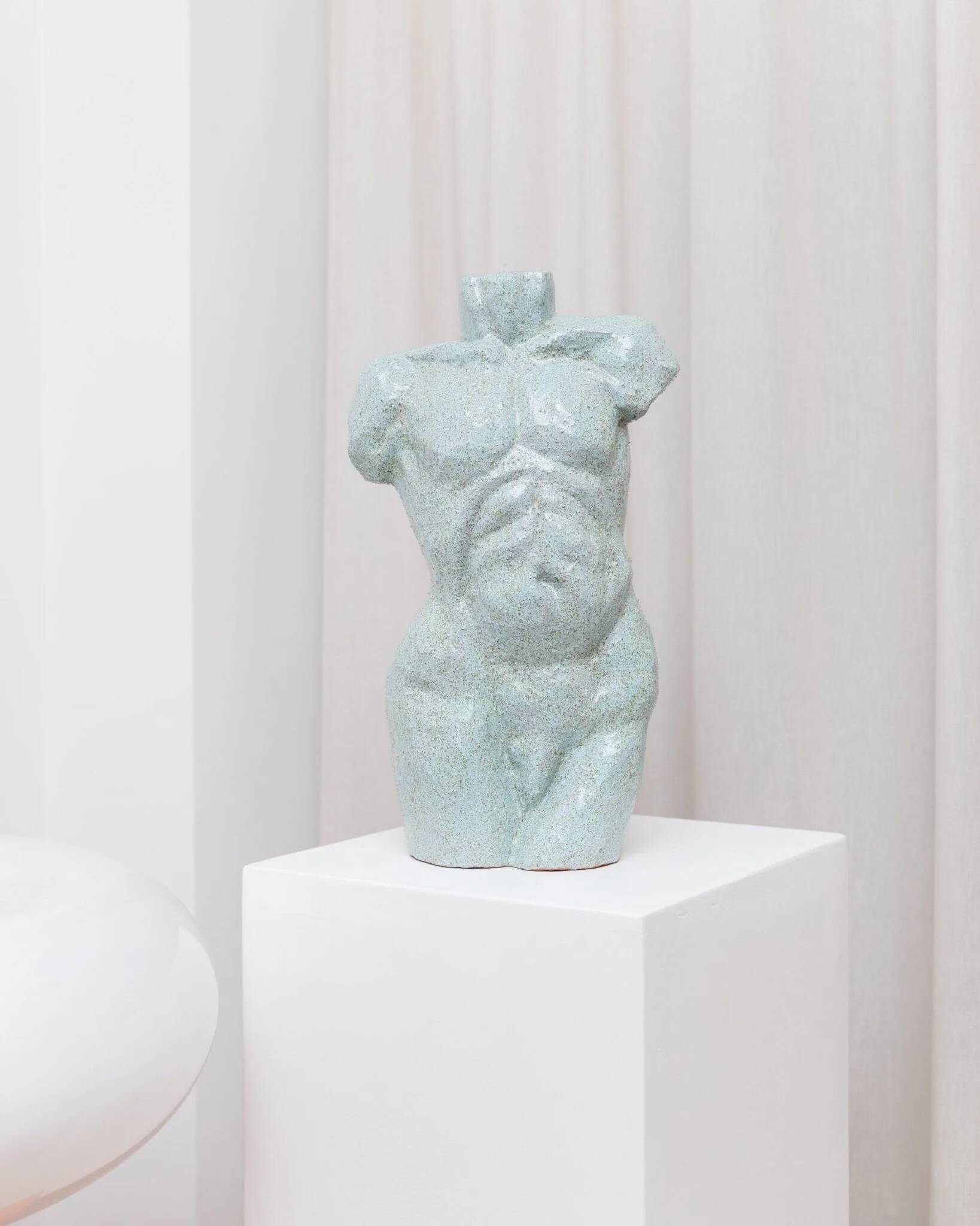 Light blue clay ceramic torso statue – mid-century design sculpture, heavy studio piece