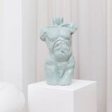 Light blue clay ceramic torso statue – mid-century design sculpture, heavy studio piece