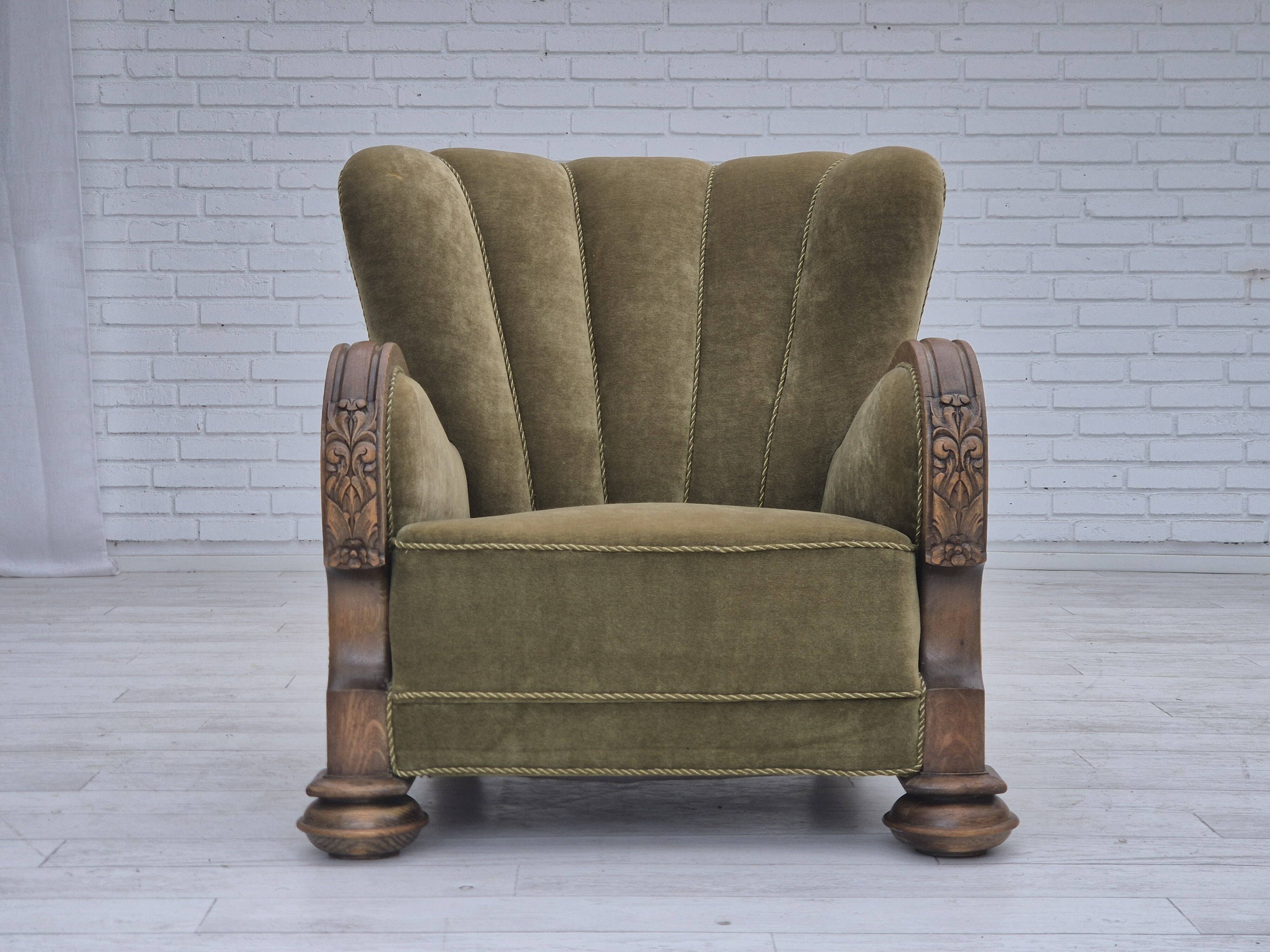 1960s, Danish relax armchair, green furniture velour fabric, oak wood.