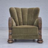 1960s, Danish relax armchair, green furniture velour fabric, oak wood.