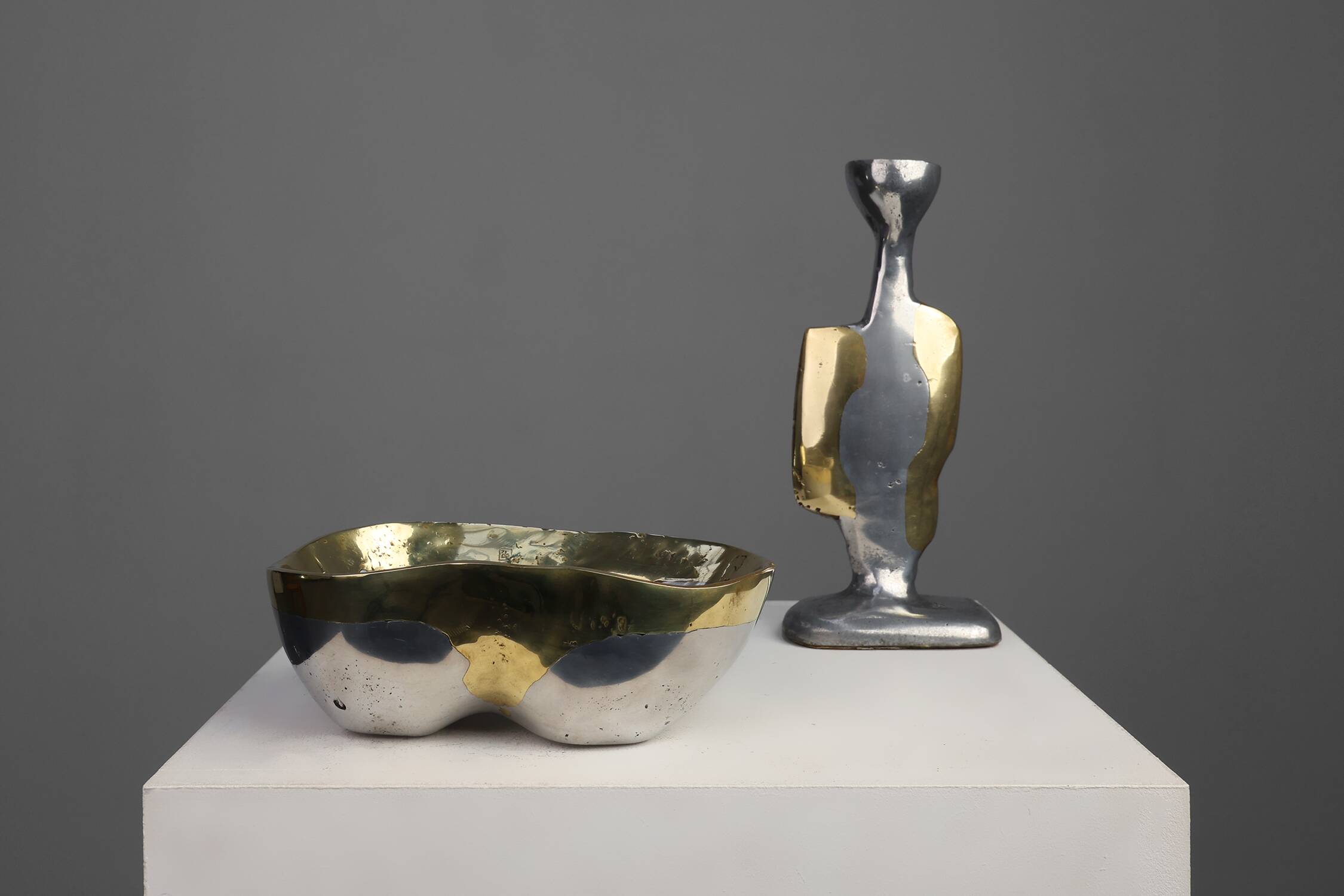 Candleholder and Bowl by David Marshall in Aluminum and Brass, UK 1970s