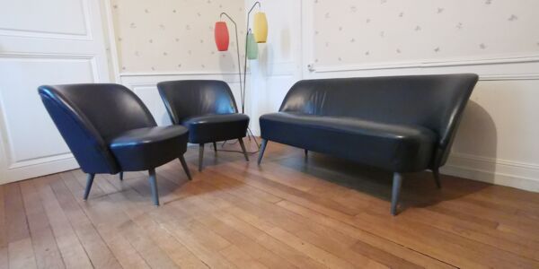 Salon canapé 2 fauteuils chauffeuses cuir noir
