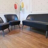 Living room sofa 2 black leather armchairs