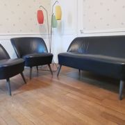 Salon canapé 2 fauteuils chauffeuses cuir noir