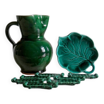 Lot of vintage dark green ceramic table objects
