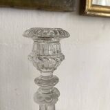 Pair of moulded glass candlesticks, ram heads and masks