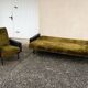 Sofa with are vintage armchair Skaï and moumoute