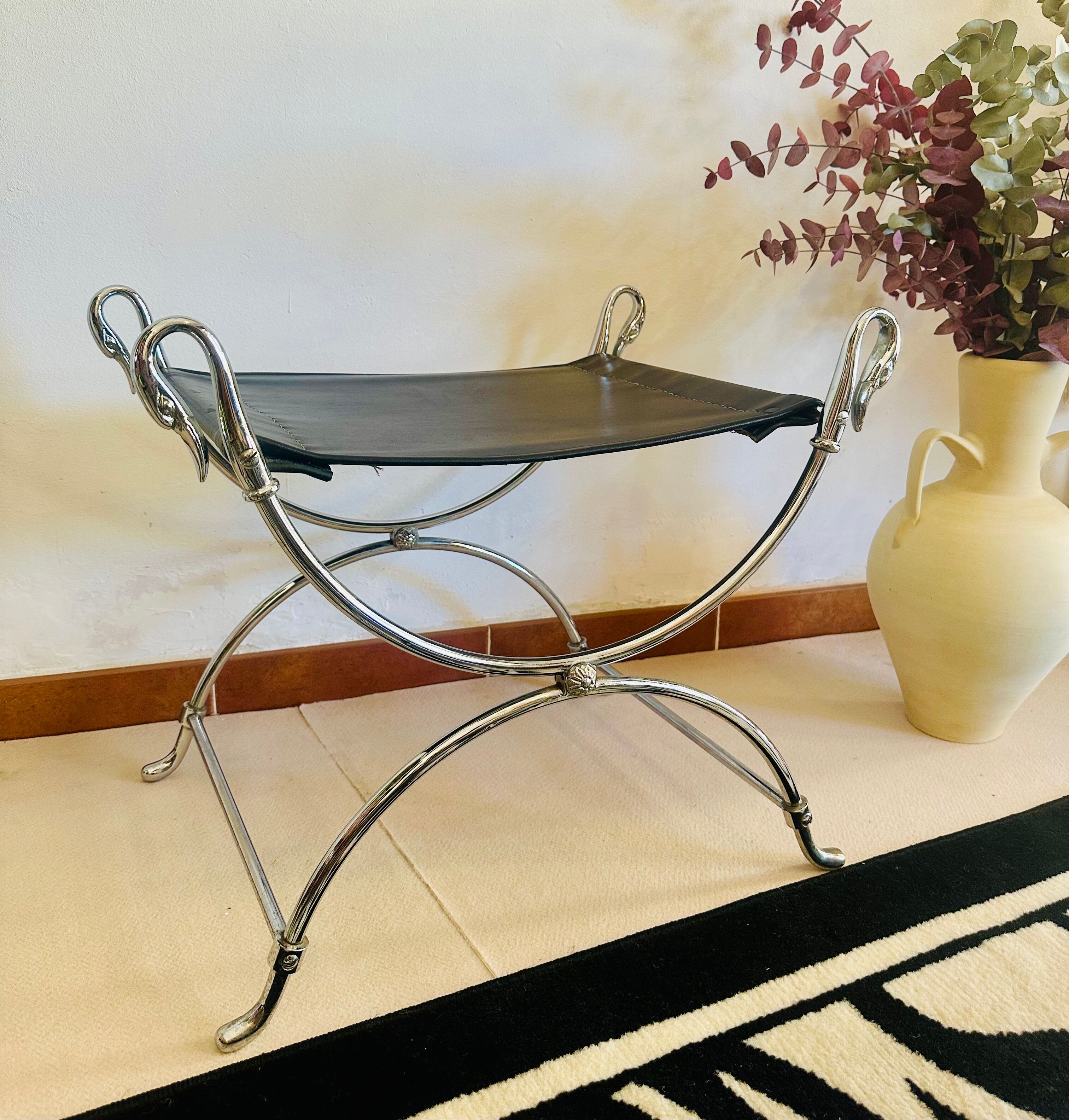 Curule Stool Maison Jansen in Chrome Steel and Black Leather