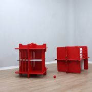 Modular Italian red lacquered solid wood bookshelf, 1960s