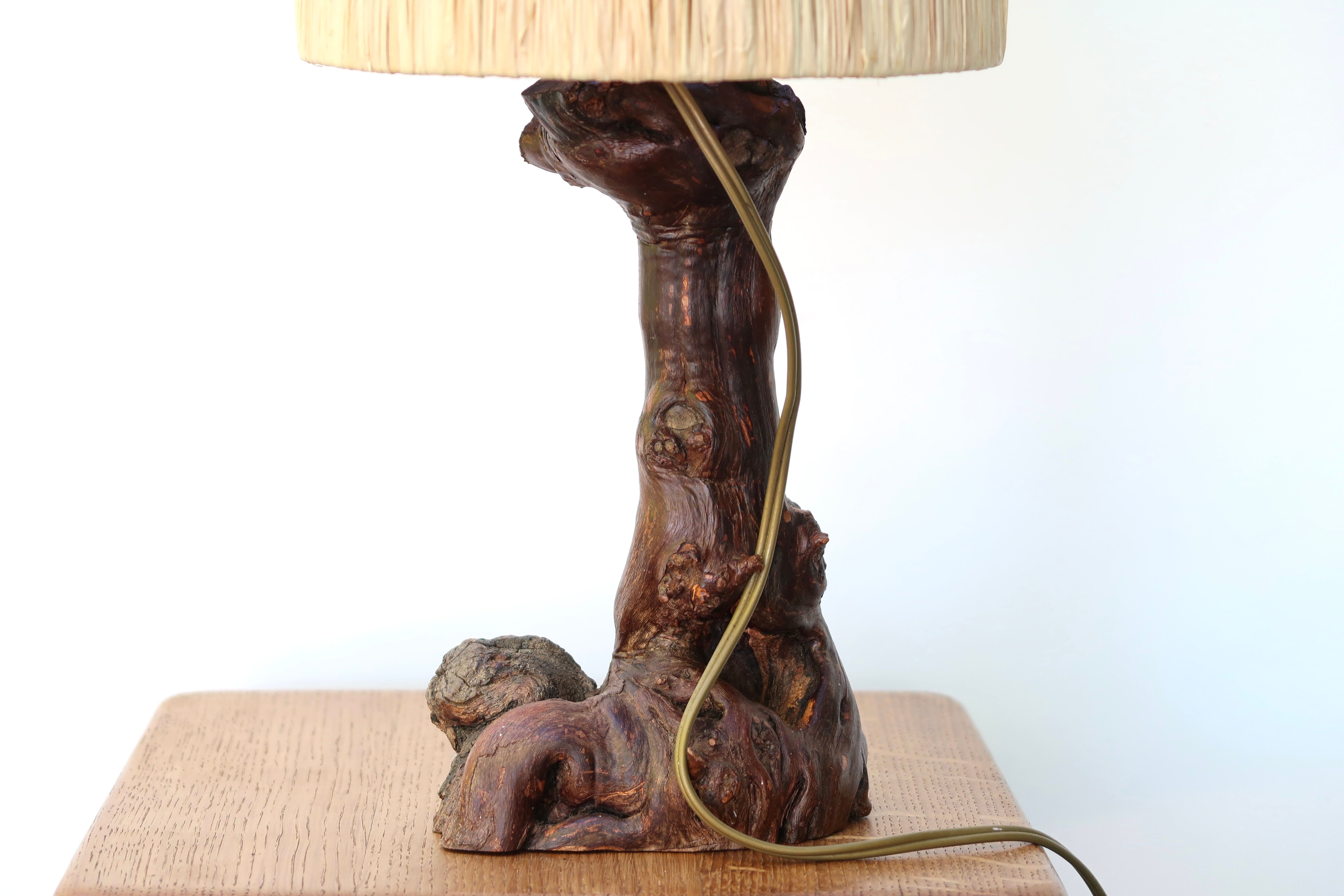 Vine wood lamp, raffia lampshade, 70s