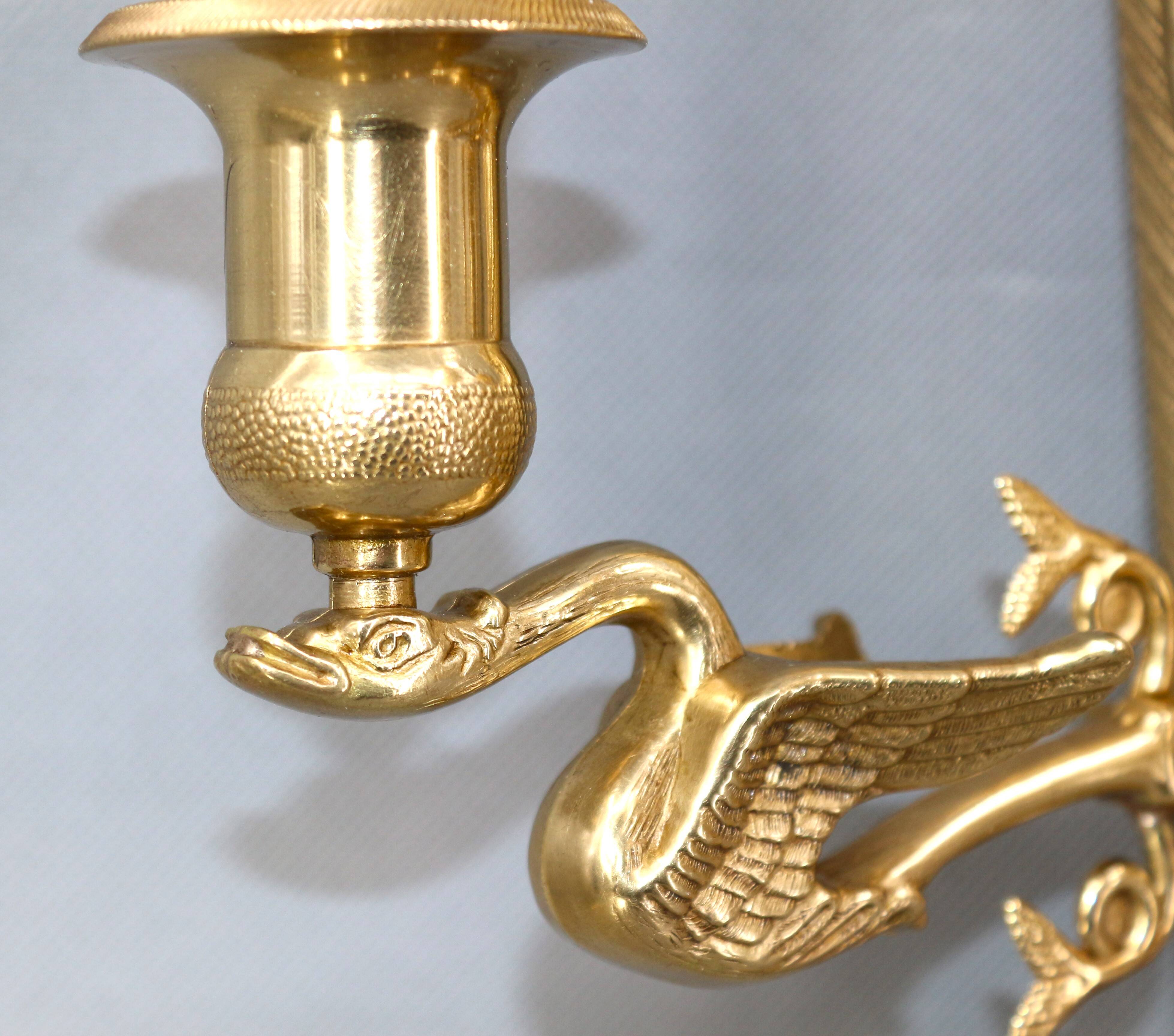 Large pair of Napoleonic gilt bronze empire style wall lights with three candles