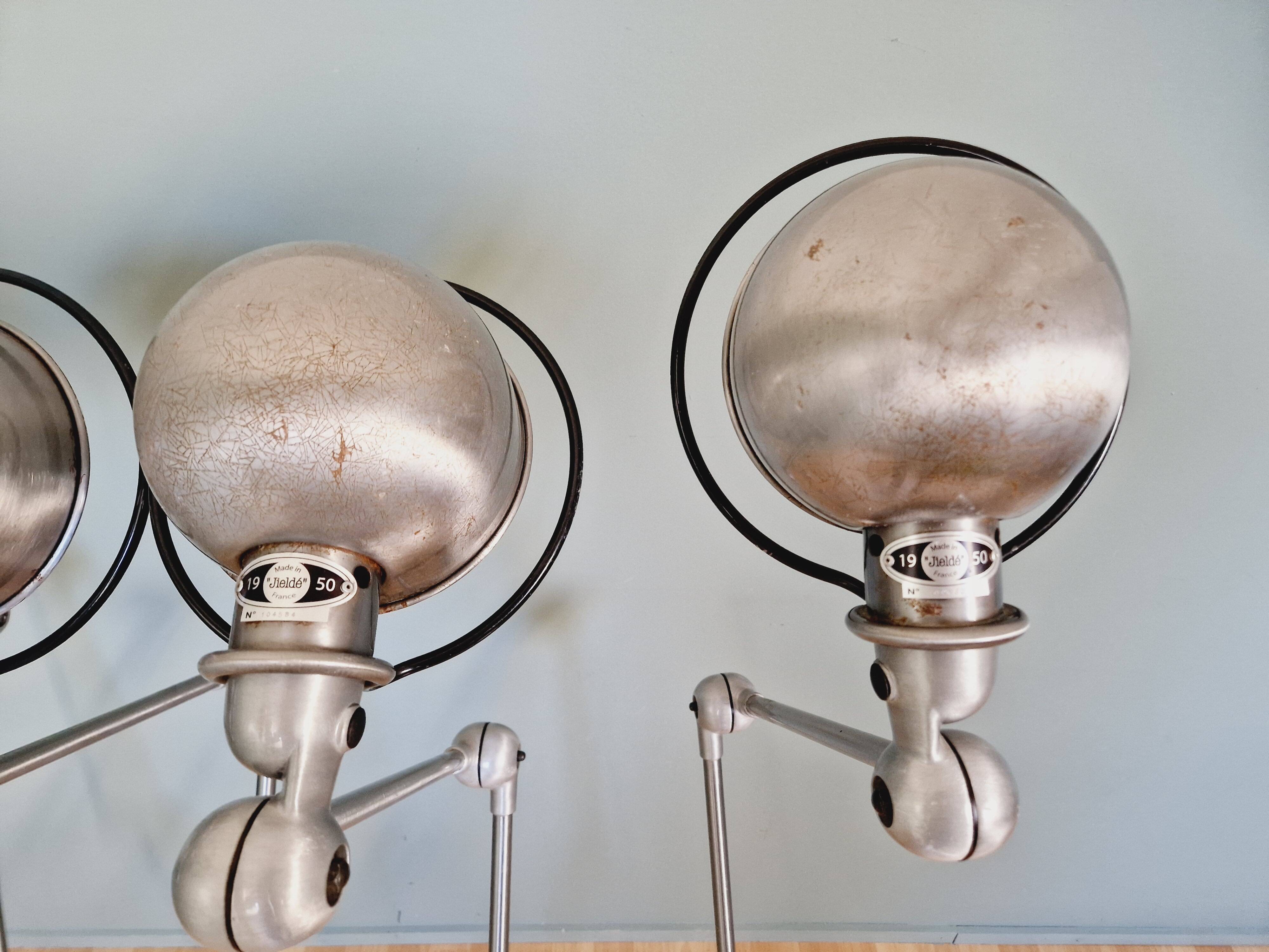 Set of 4 Jieldé industrial lamps in brushed steel, 3 arms