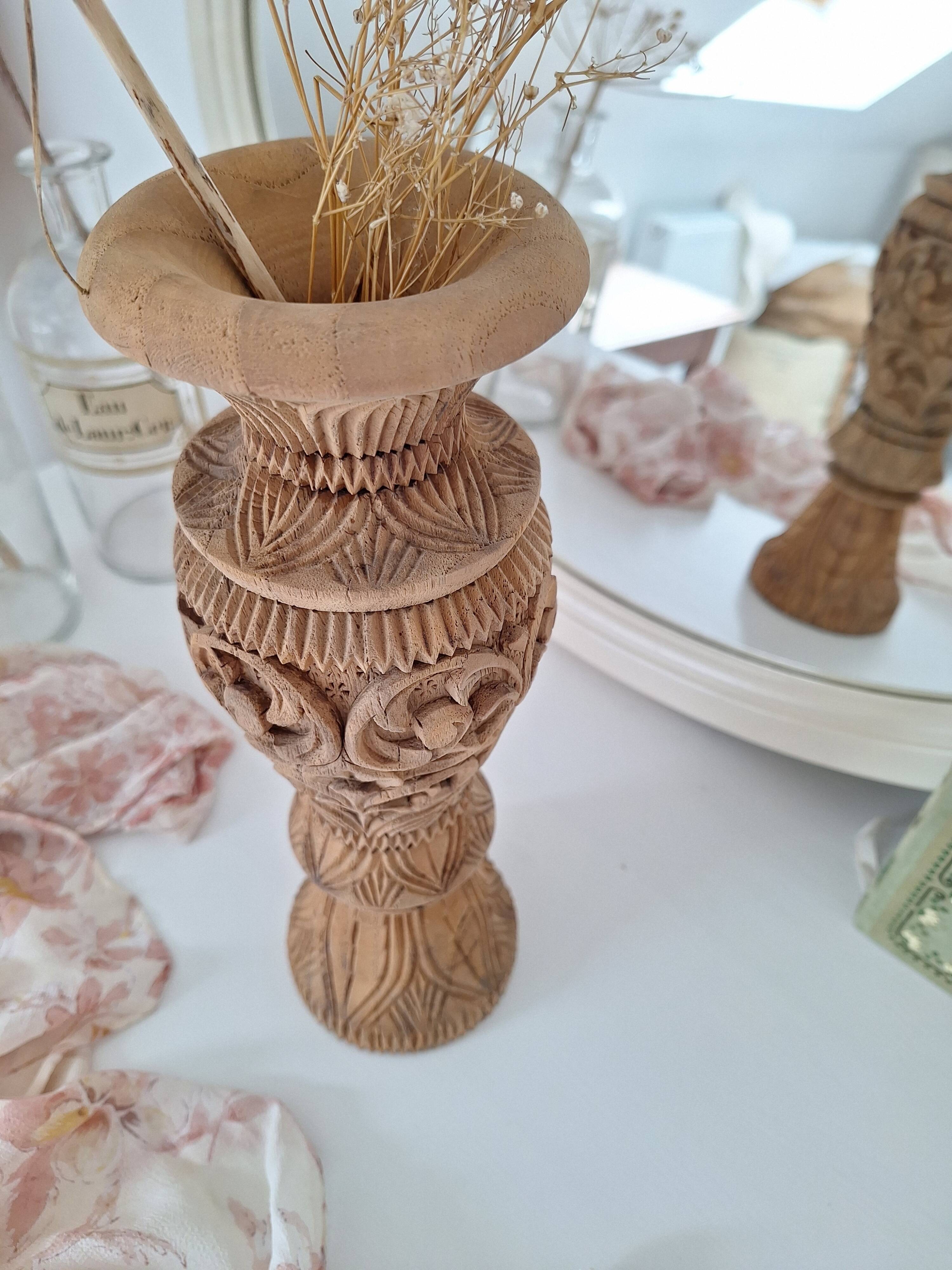 Carved solid wood vase