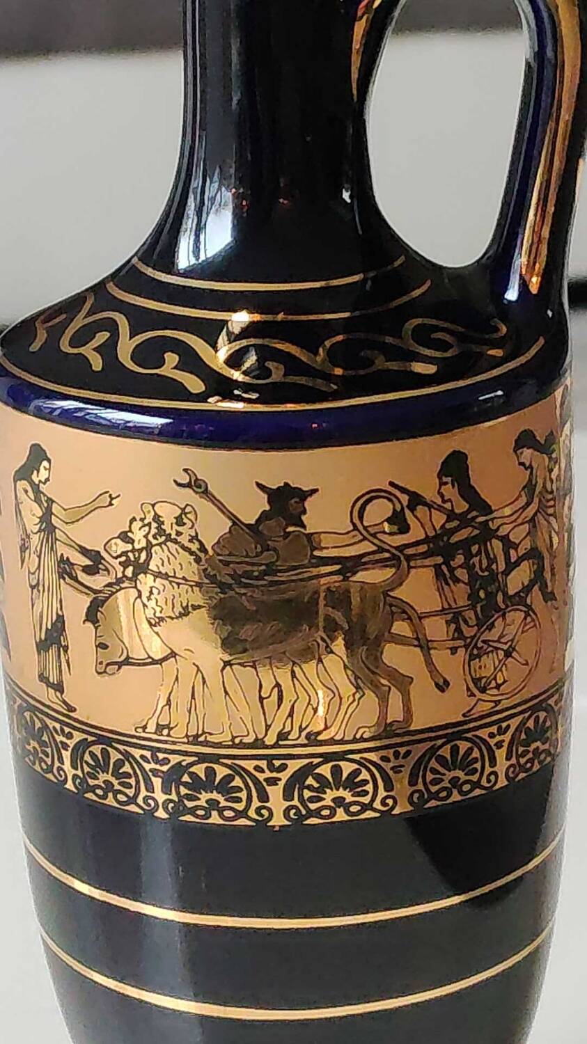 Greek Amphora Vase/Scenes of life Greek Mythology. Signed KA. Handmade in Greece, gilded with 24c fine gold. High 22.5 cm