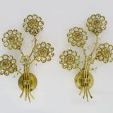 Large pair of vintage Palwa crystal and brass flower wall lights with 4 lights. 70s