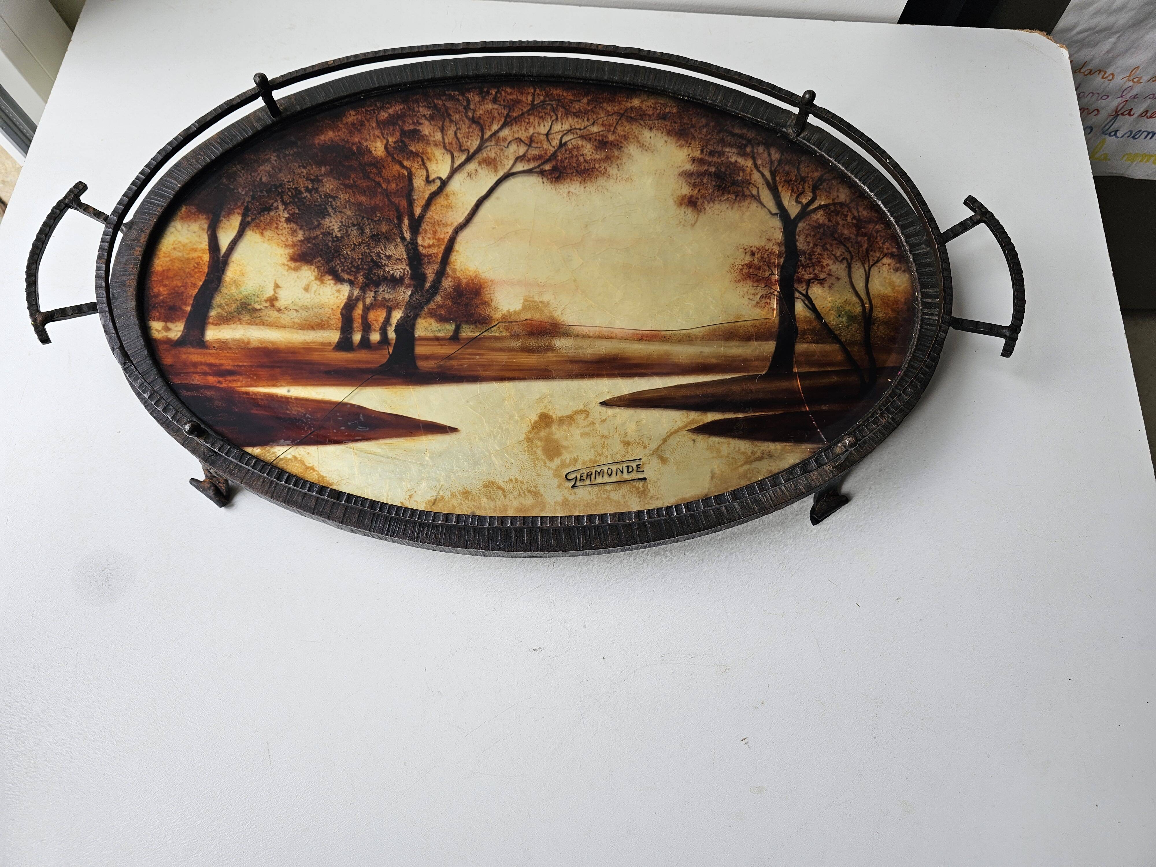 Wrought iron serving tray, Art Nouveau style, Art Deco period, Signed GERMON