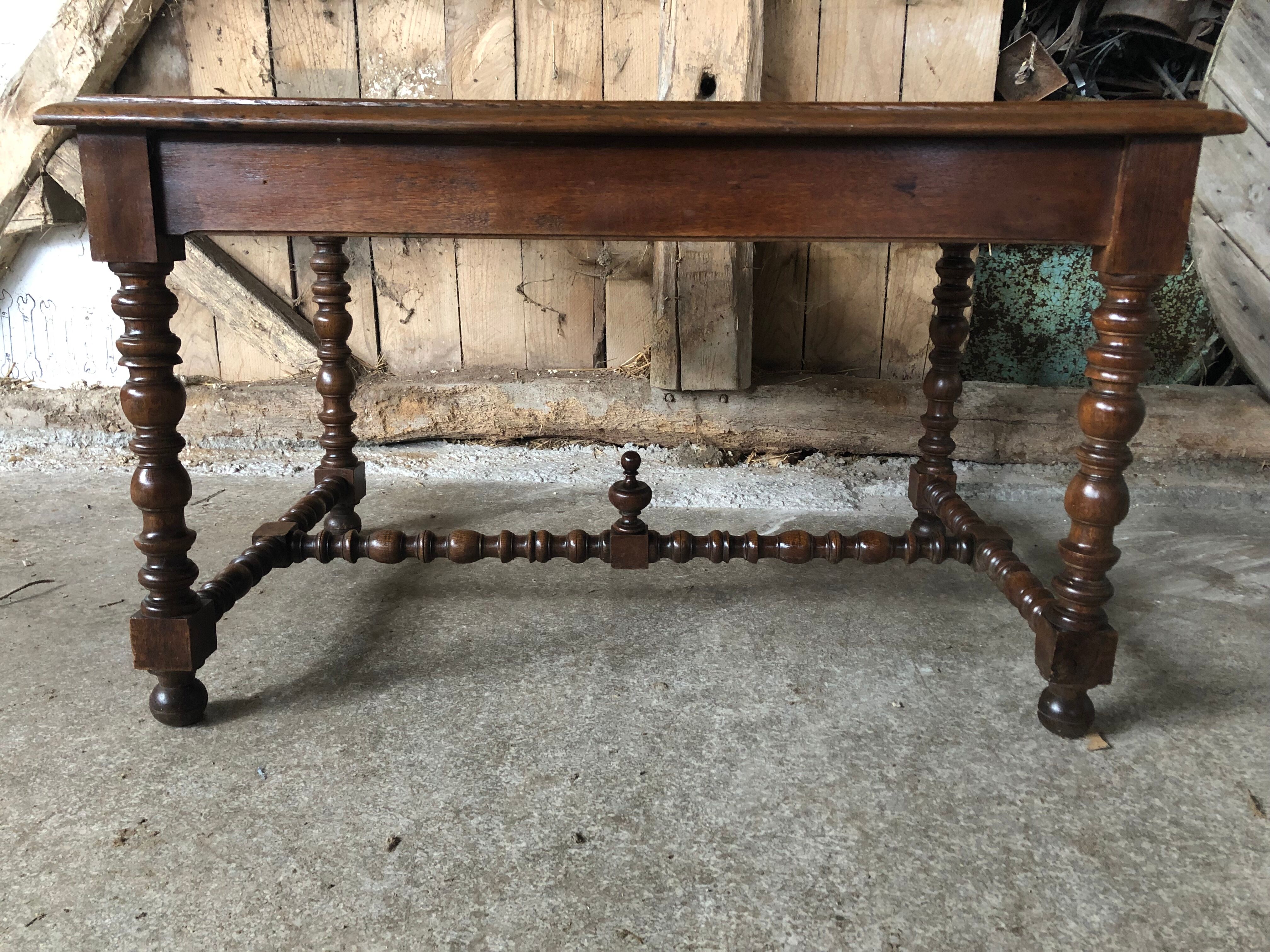 Old desk style henri ii table + drawer wood turned vintage