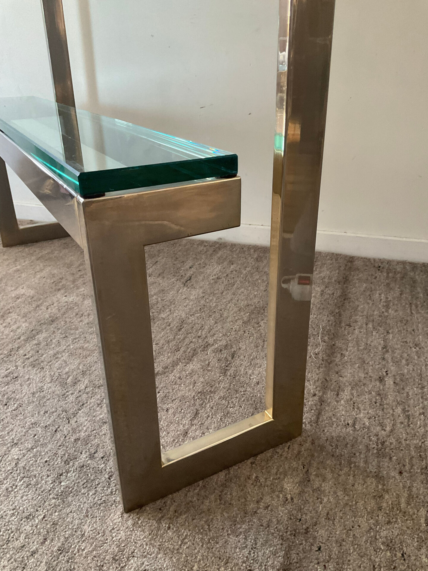 Console "G" by Belgochrom in brass and glass from the 1970s.