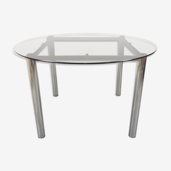 Table ronde avec dessus en verre fumé bleu/gris 1970