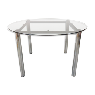 Vintage Seventies round dining table with blue/grey smoked glass top