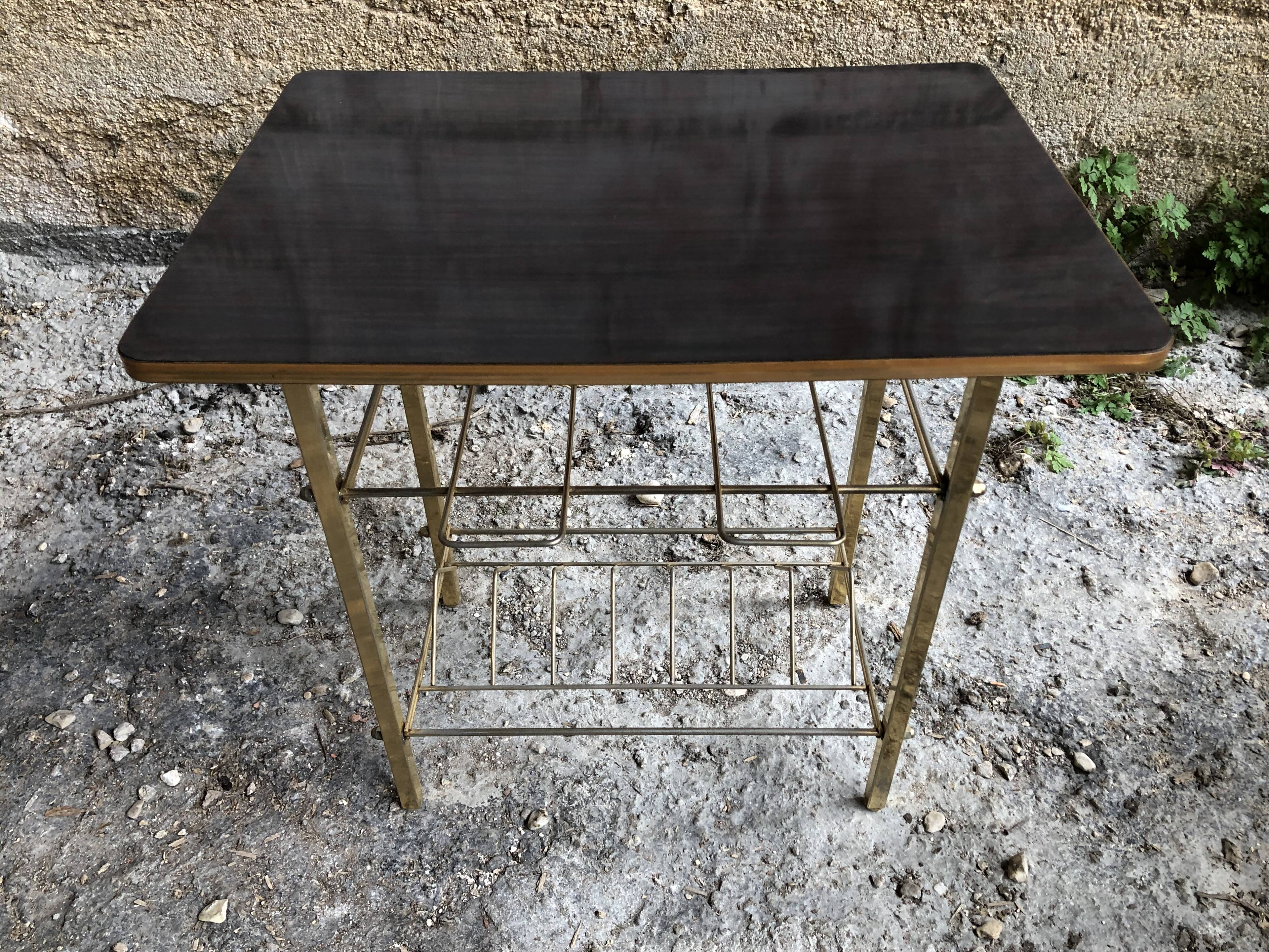 Old Furniture Table Hifi Door Vinyls Golden Metal + Formica Vintage Tray