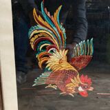 Old tapestry canvas g. perrin roosters signed + wooden frame #b549