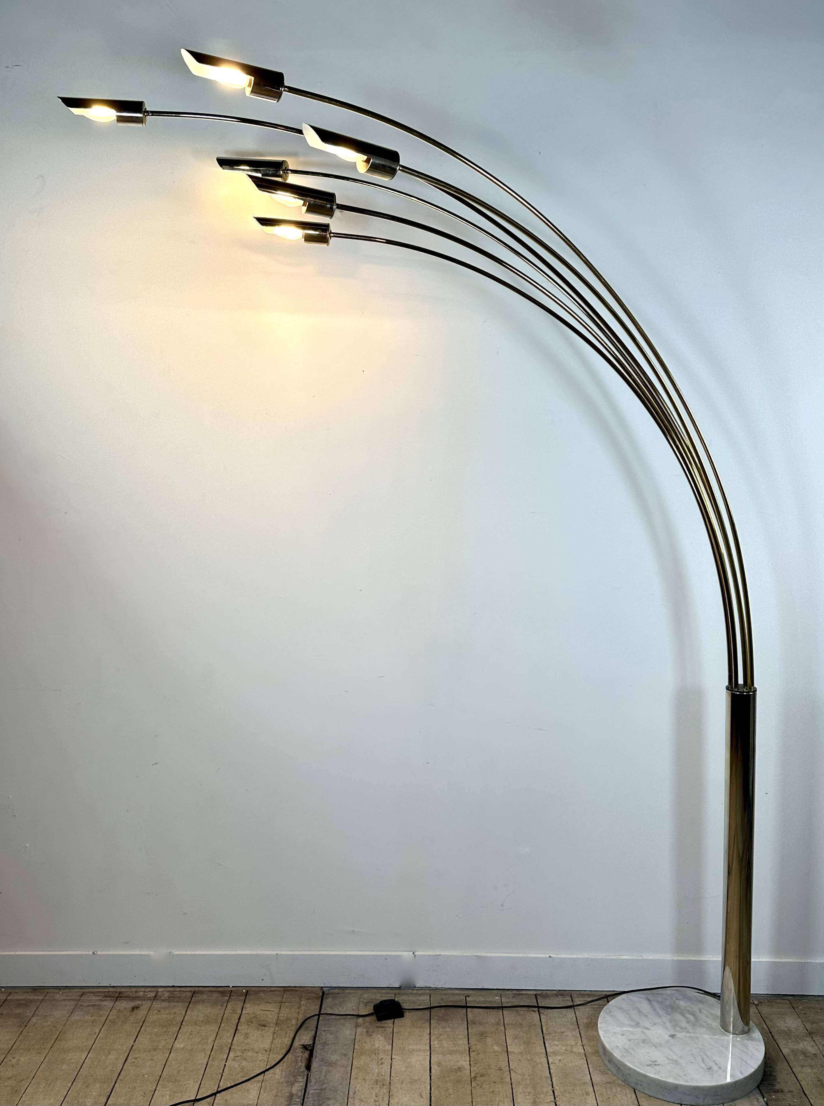 Italian Arc floor lamp with 6 lights in gold brass, 1970s.