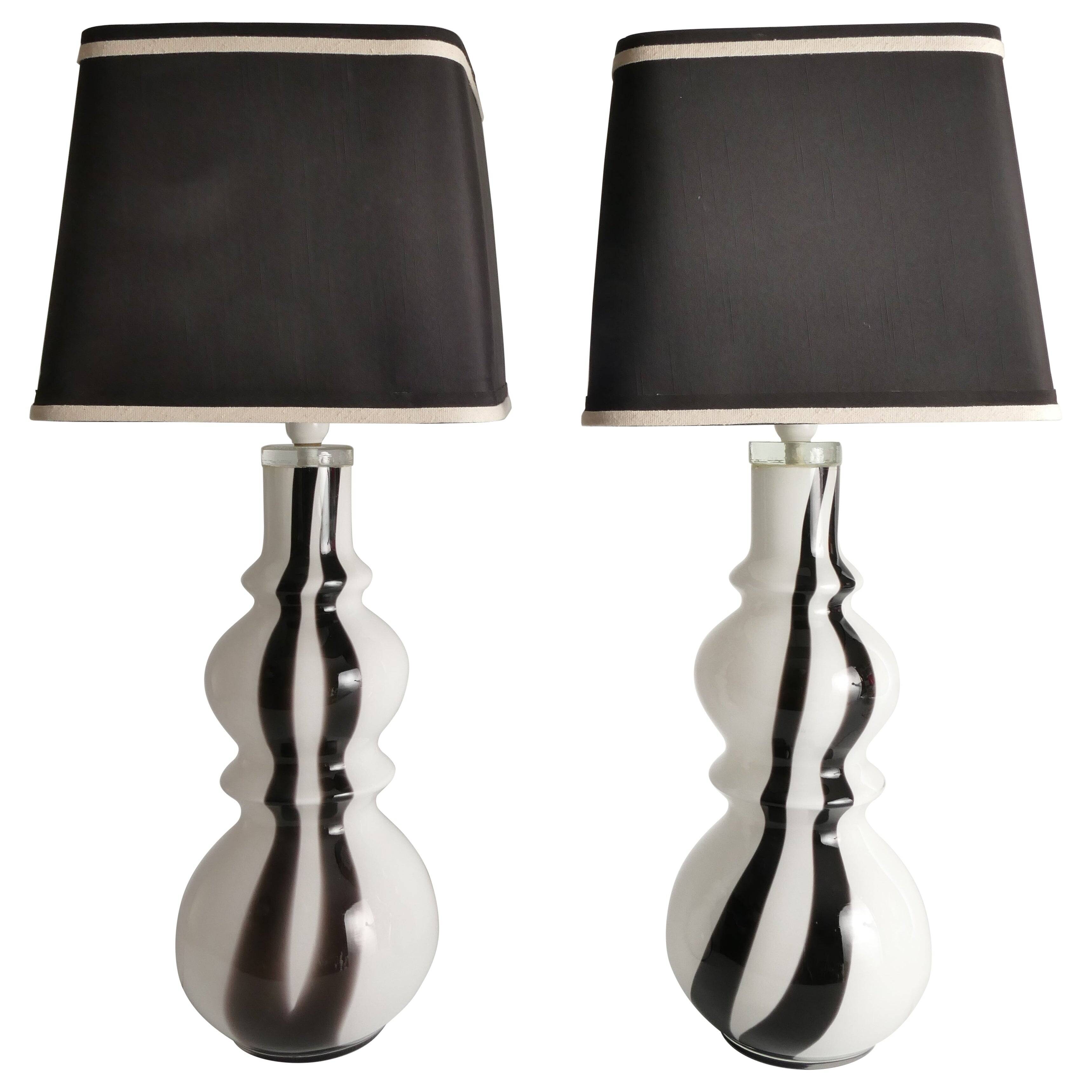 Sculptural Art Glass Murano Style Table Lamps, Black & White, 1960s, Set of 2