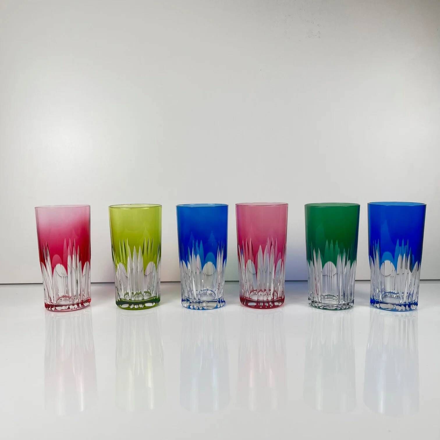 Set of 6 coloured double crystal long drink glasses, 1970s, Eastern Europe.