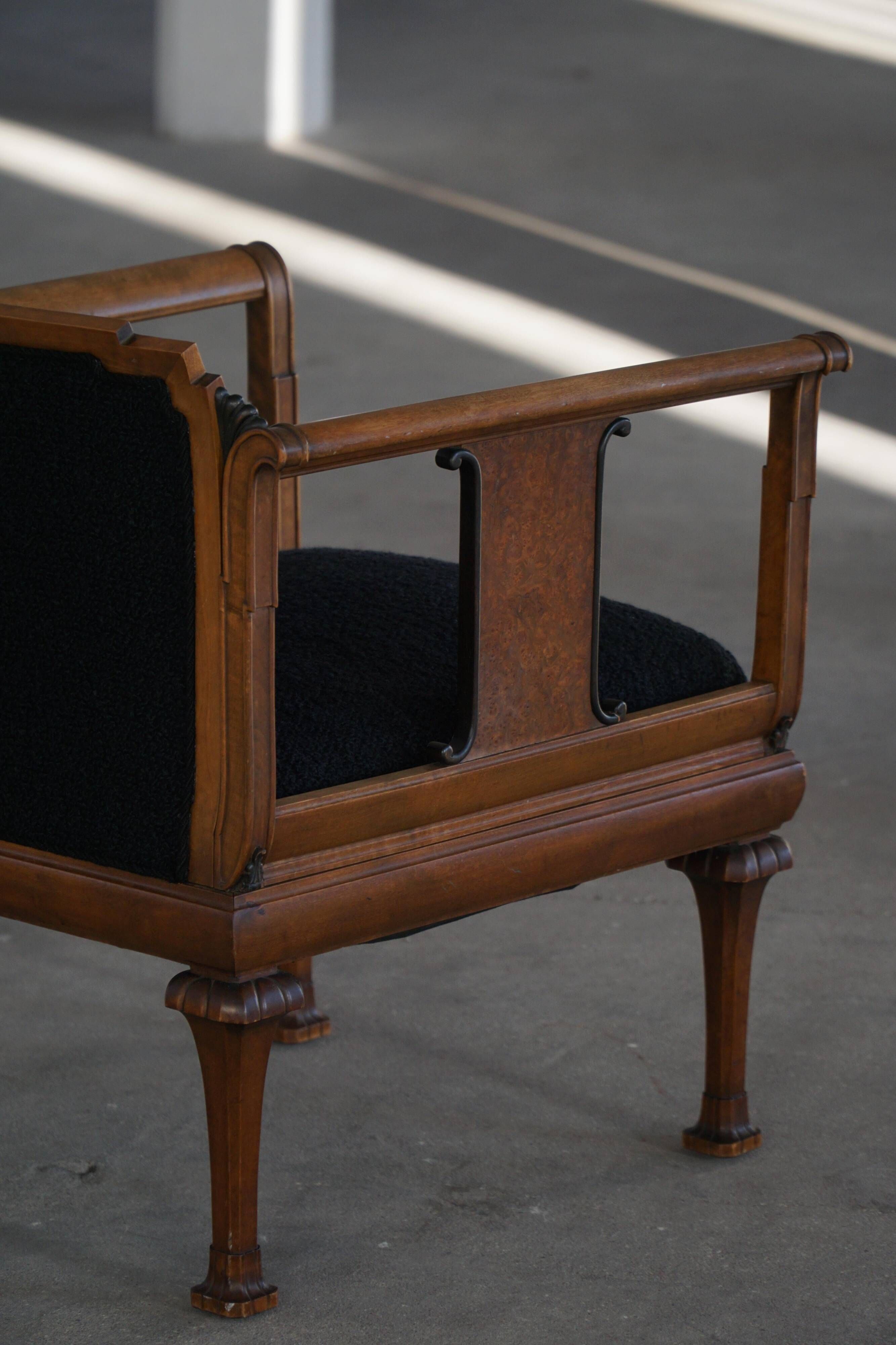 Early 20th century Danish Art Nouveau armchair, reupholstered in charcoal boucle.