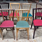 Set of 10 Baumann bistro chairs with curved wood and Skaï seat.