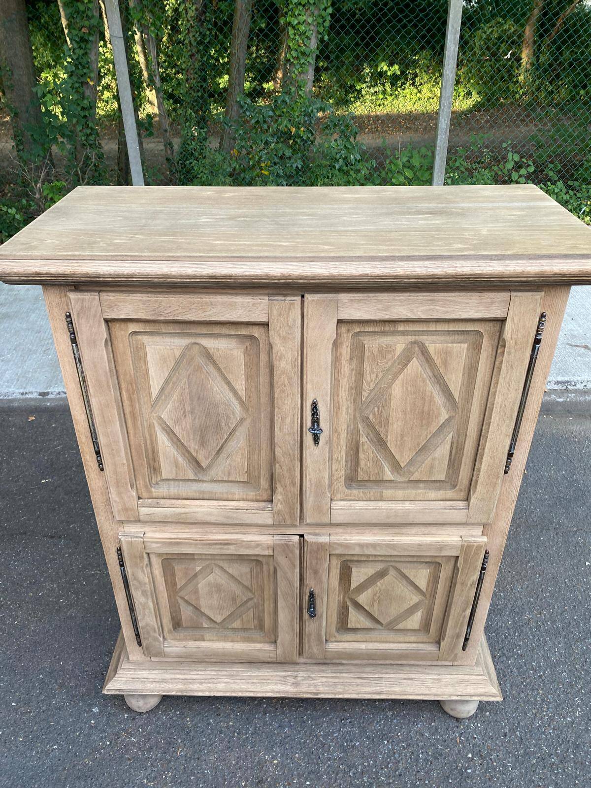 Buffet armoire with 4 doors, diamond point, stripped in light oak from the 1970s.