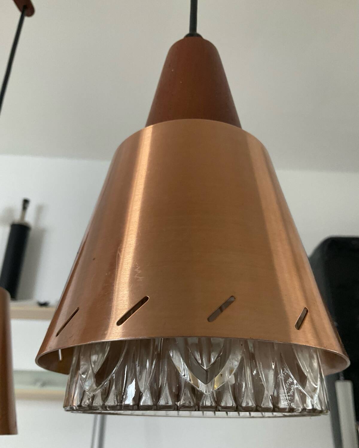 Scandinavian Boomerang chandelier from the 60s in teak, metal and glass