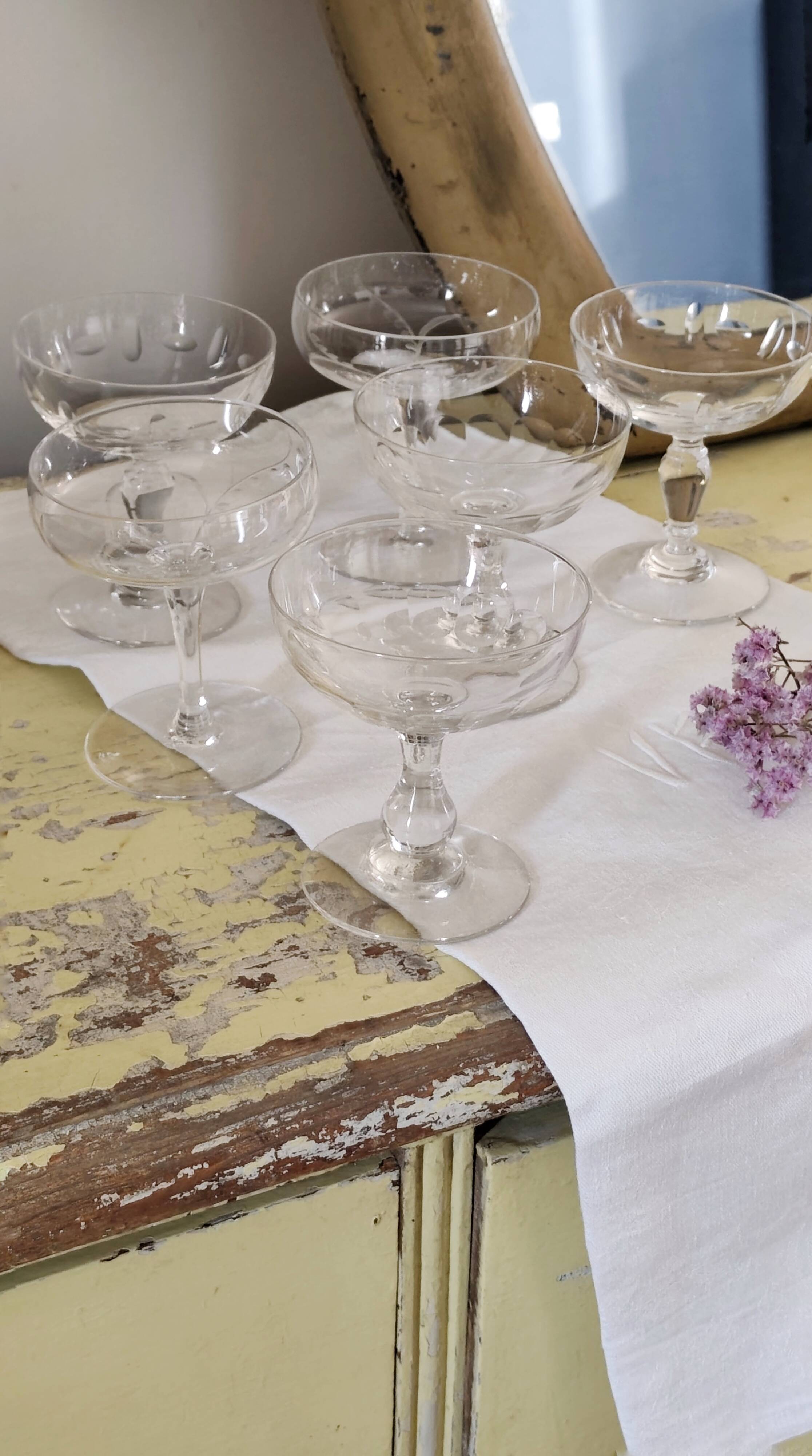 Set of 6 mismatched old crystal champagne glasses