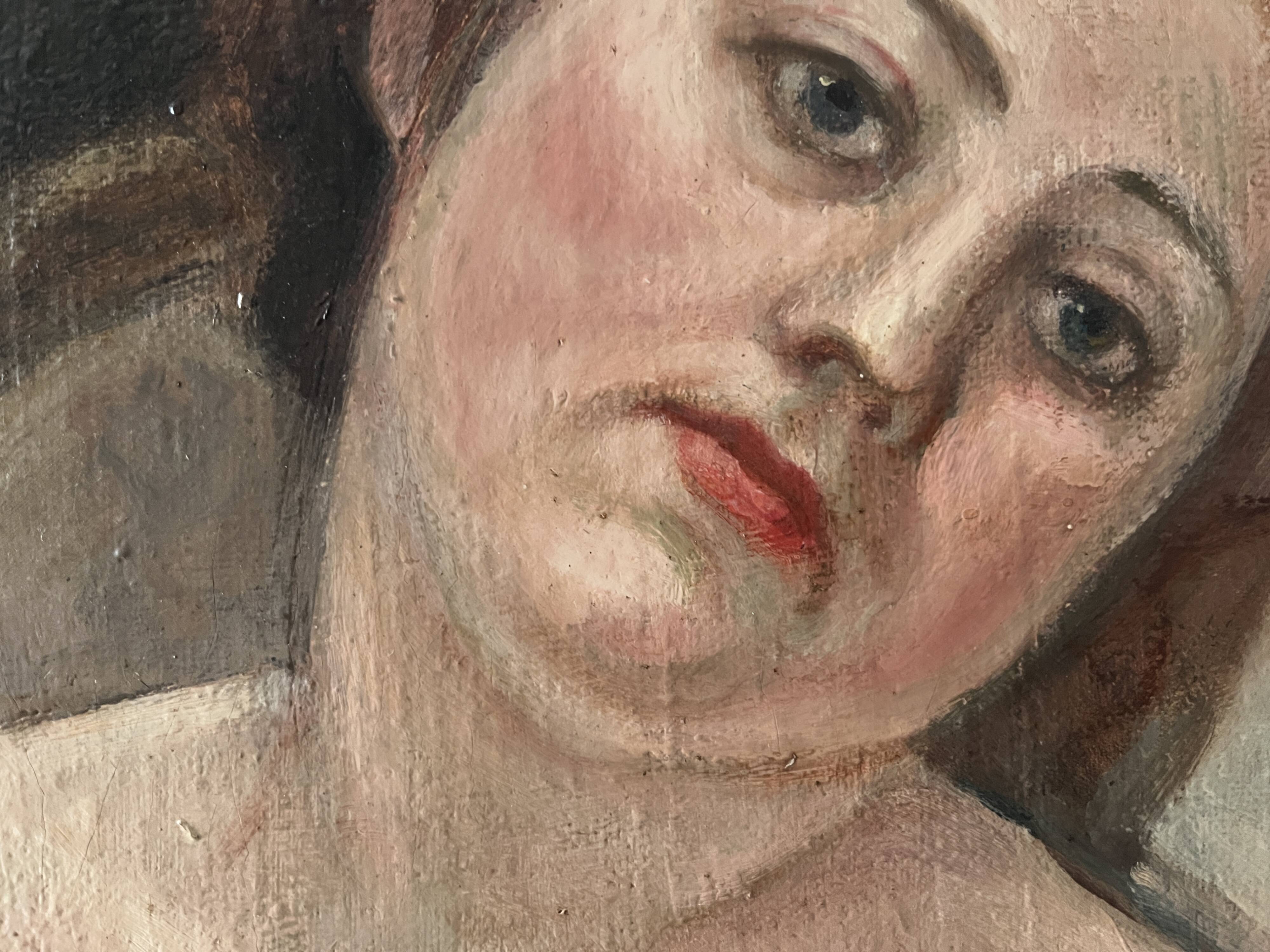 Oil painting on canvas of a nude woman in Art Deco style, old portrait.