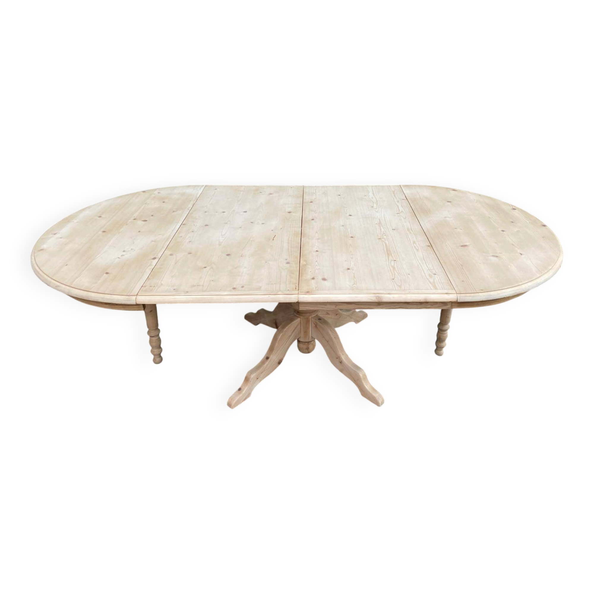 Large round extendable dining table renovated in raw pine with 2 extensions, 1980.