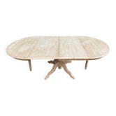 Grande table à manger ronde extensible rénovée en pin brut 2 rallonges 1980