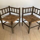 Turned wood corner armchairs