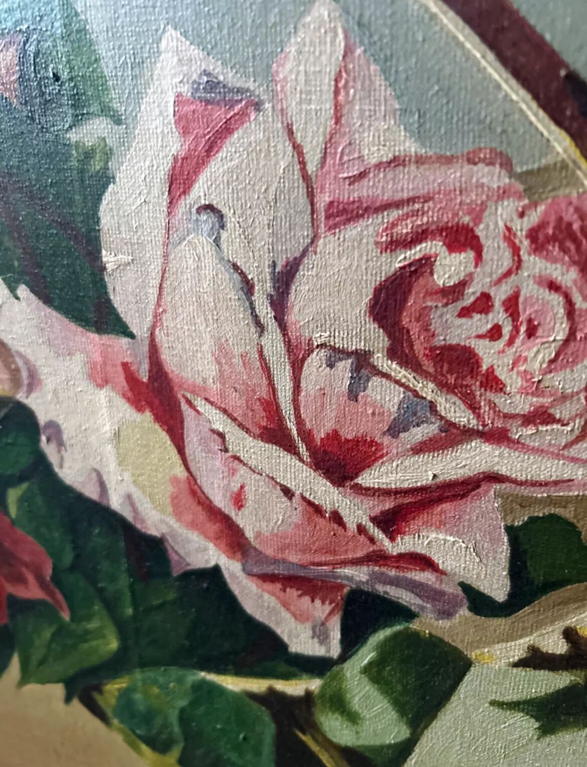 Old table flowers – oil on canvas – roses in a basket – the bucolic invitation